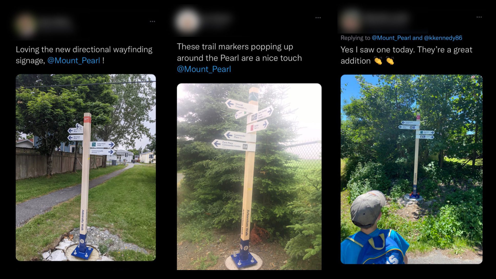 Three Twitter posts showing pictures and nice words about the Mount Pearl trail signage