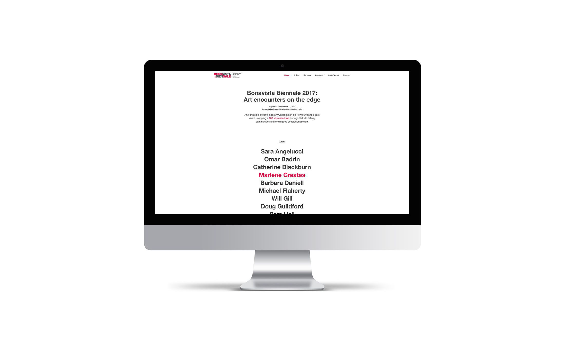 iMac screen showing artist listings from 2017 Bonavista Biennale website