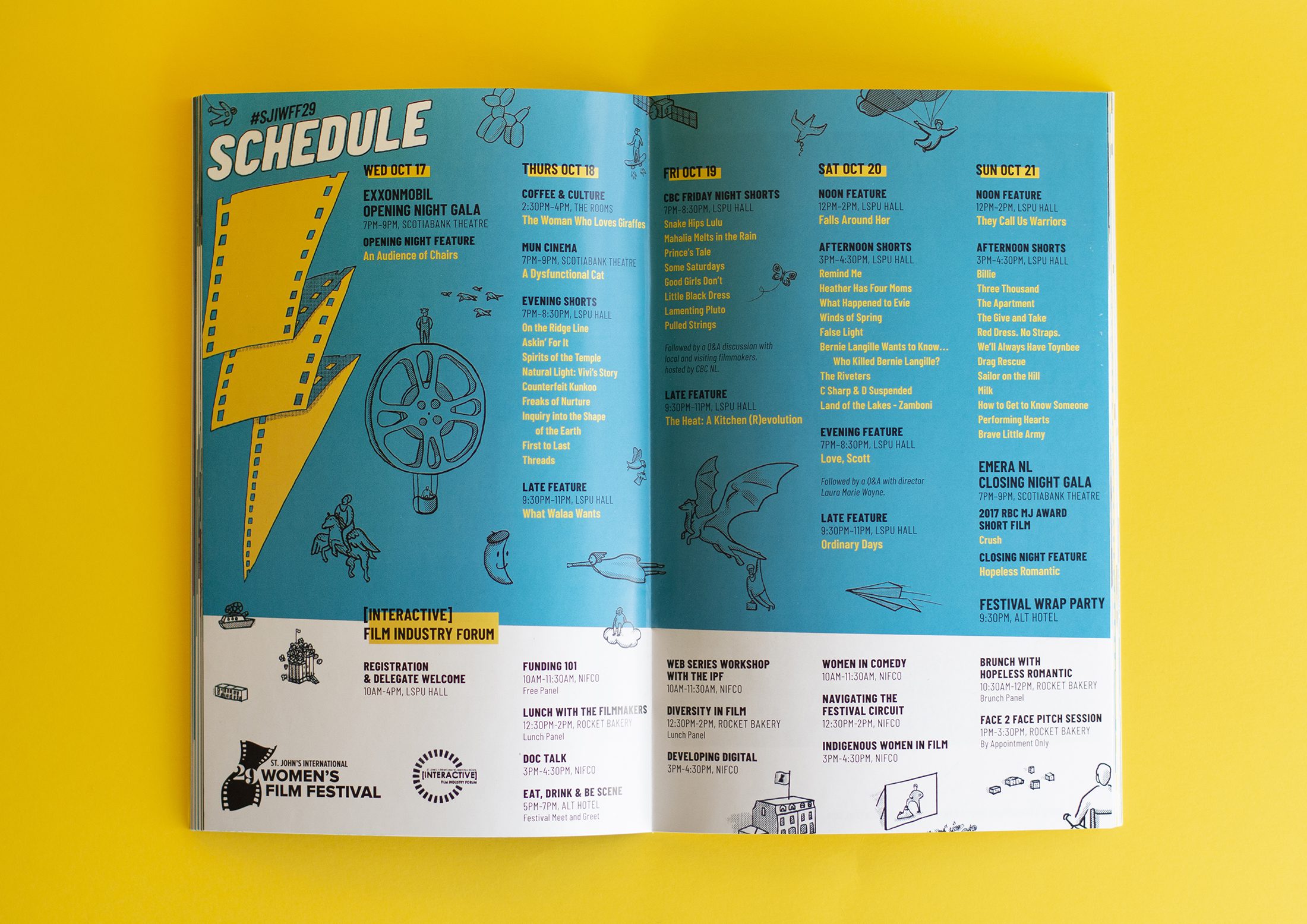 Two page schedule spread from the 2018 SJIWFF program with eccentric illustrations and film screening listings