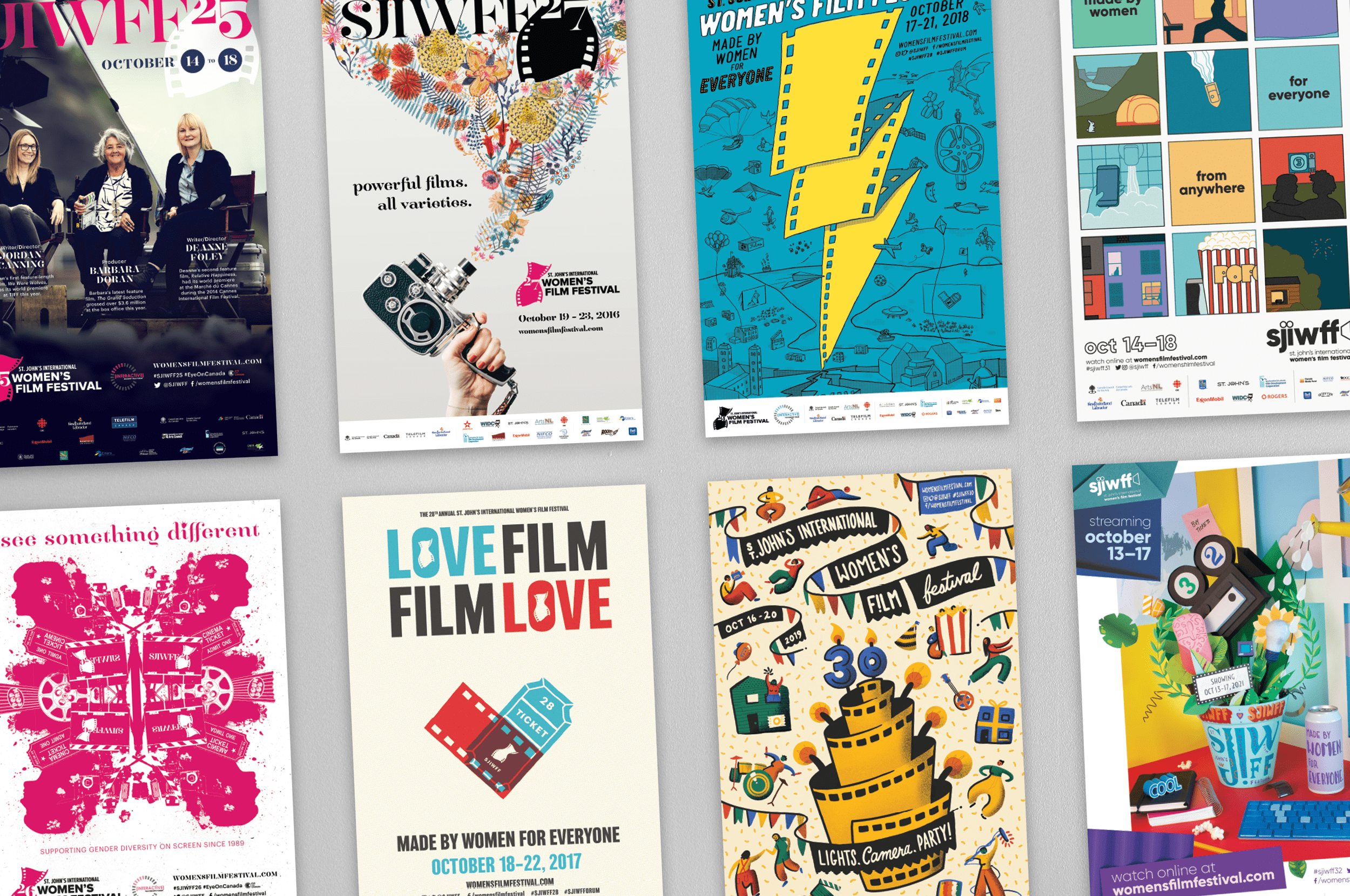 An overview of eight SJIWFF posters from 2014 to 2021