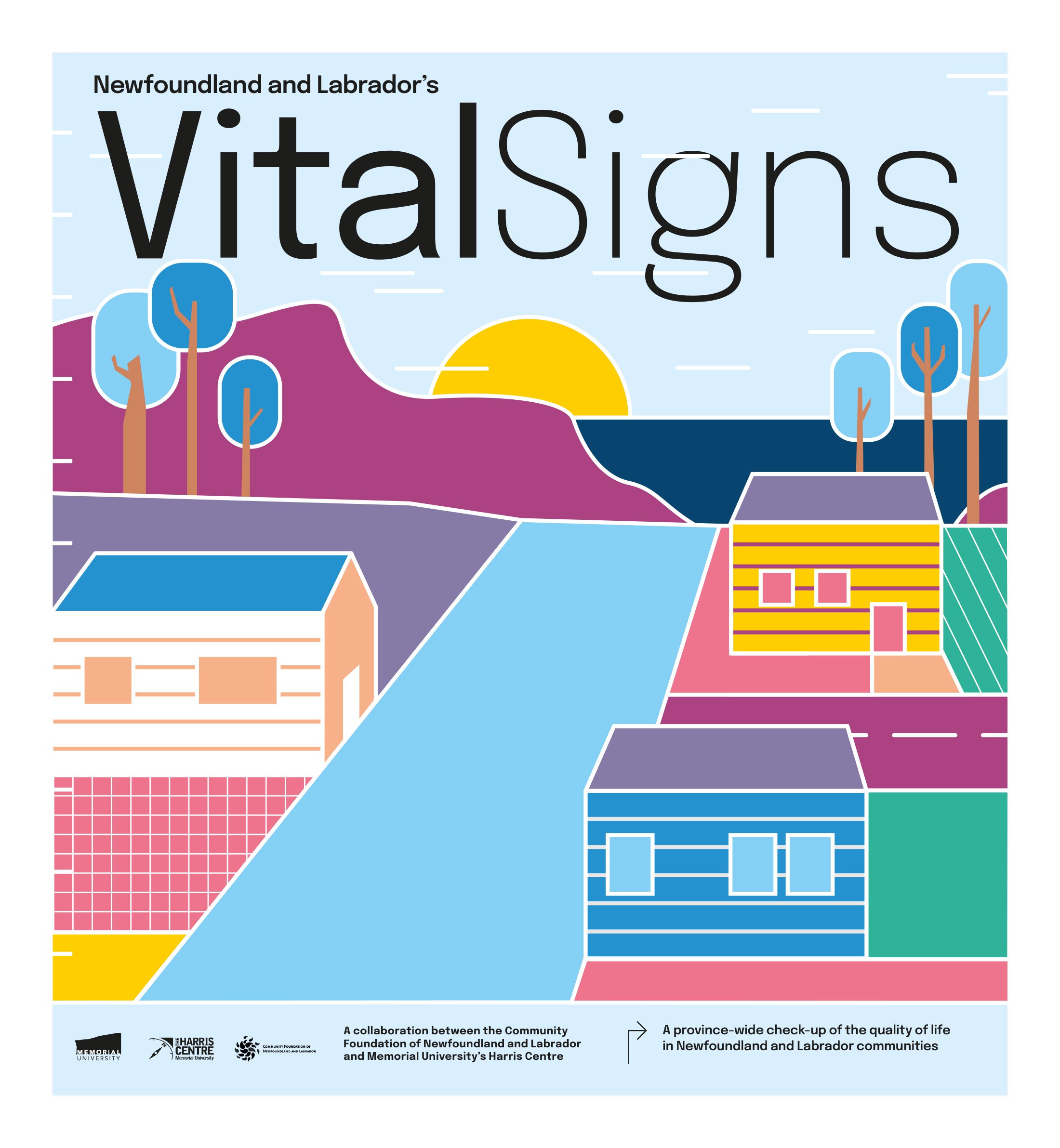 Illustrated cover of Vital Signs 2021 that shows colourful bungalows, trees and oceans